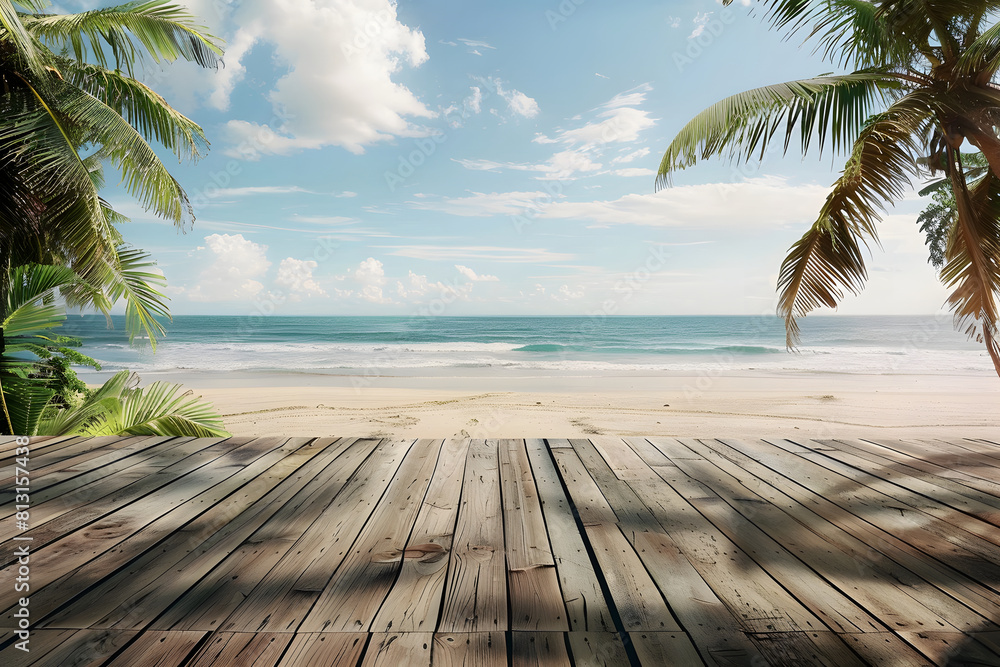 Wooden deck on tropical beach with blue sea and sky background. Generative AI Wooden deck on tropical beach with blue sea and sky background. Generative AI