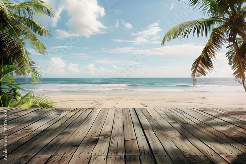 Wooden deck on tropical beach with blue sea and sky background. Generative AI