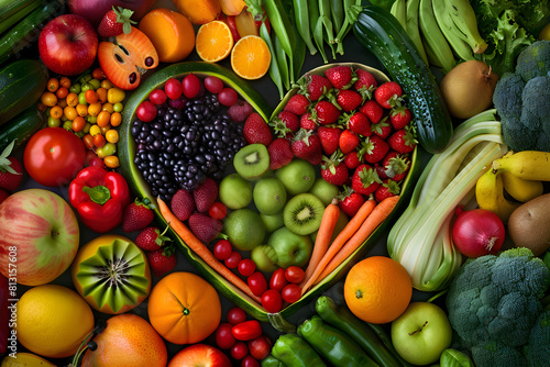 Colorful Artistic Display of Fresh Fruits and Vegetables Symbolizing Vegan Diet in a Heart Shape