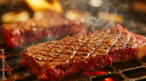 A close-up of a tender Wagyu steak marbled with fat  sizzling on a hot grill and releasing its rich aroma.