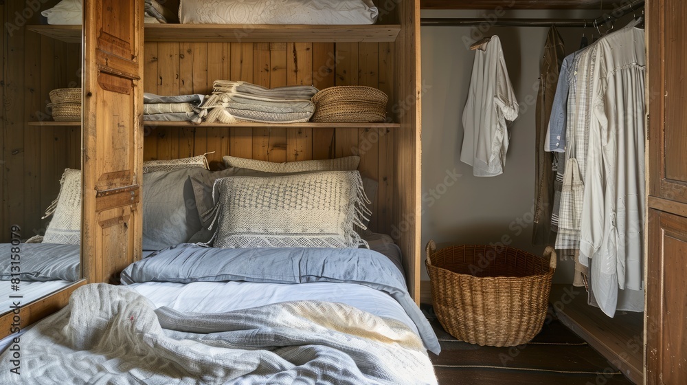 Explore The Contemporary Elegance Of A Wooden Closet Adorned With Bedclothes And A Rattan Basket, Adding Warmth And Style To The Bedroom Explore The Contemporary Elegance Of A Wooden Closet Adorned With Bedclothes And A Rattan Basket, Adding Warmth And Style To The Bedroom