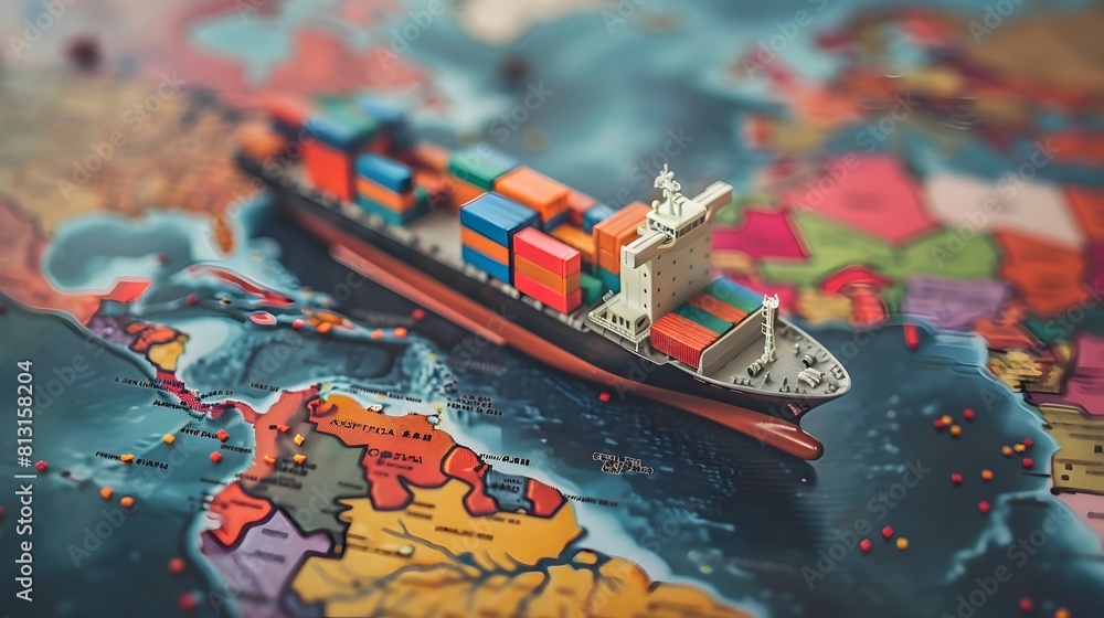 Globalisation Container Container ship model on world map , transcontinental transportation or ...