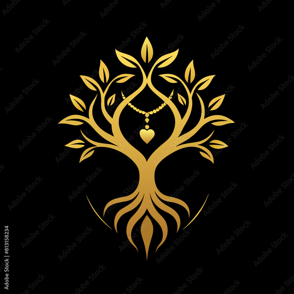 Create a high-resolution gold jewelers shop logo vector art illustration with a perfect stylish modern shape featuring a line design on a solid black background. 