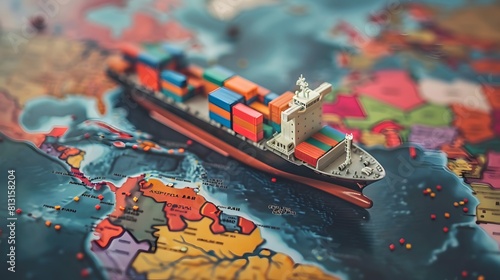Container ship model on world map , transcontinental transportation or globalization concept image with copy space photo