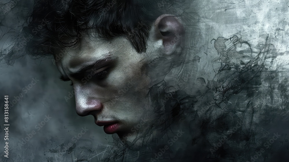 Portrait of Melancholy: A Man Lost in Sorrow, His Soul Weighed Down by Heavy Sighs and a Distant Gaze Portrait of Melancholy: A Man Lost in Sorrow, His Soul Weighed Down by Heavy Sighs and a Distant Gaze