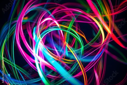 Hypnotic neon lines intertwining in a web of vibrant colors. Stunning art on black background.