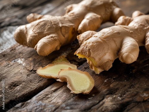 Fresh ginger root on rustic wooden table, essential for healthy cooking and herbal remedies.