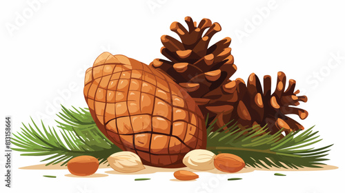 Peeled and whole pine nuts and cone vector illustra photo