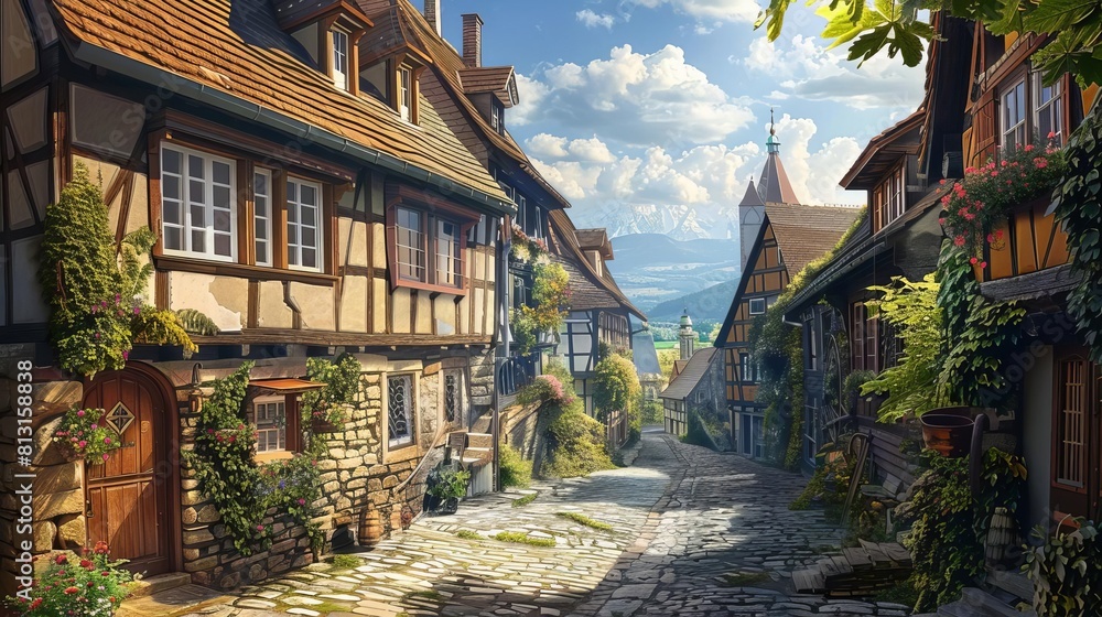 Fototapeta premium charming medieval village illustration with halftimbered houses and cobblestone streets digital painting