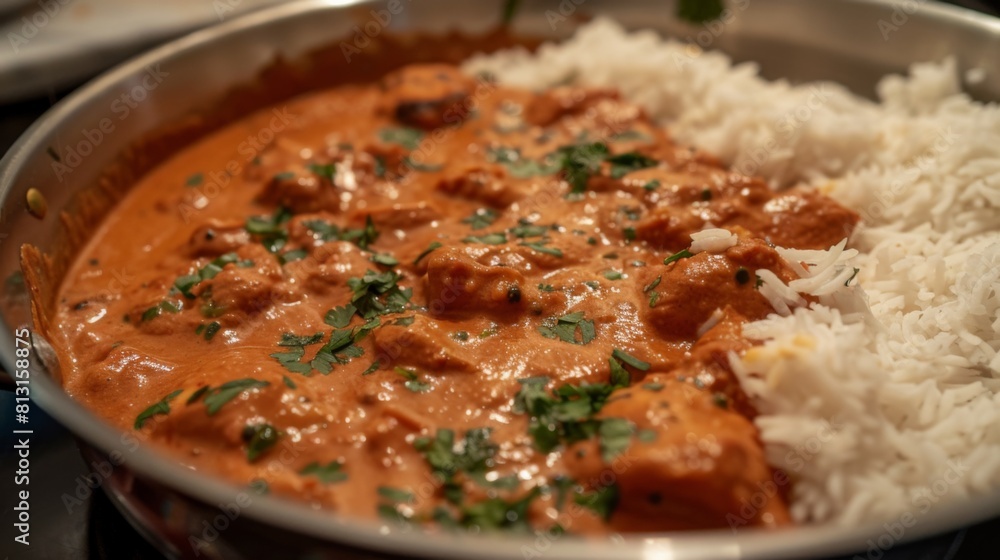 A close-up of spicy chicken tikka masala simmering in a creamy tomato-based sauce, ready to be served with steamed rice. A close-up of spicy chicken tikka masala simmering in a creamy tomato-based sauce, ready to be served with steamed rice.