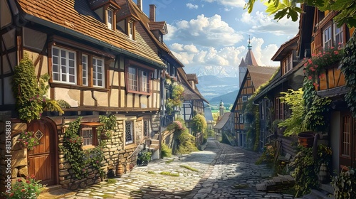 charming medieval village illustration with halftimbered houses and cobblestone streets digital painting photo