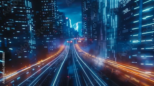 Warp speed in hyper loop with blur light from buildings  lights in mega city at night. Concept of next generation technology.