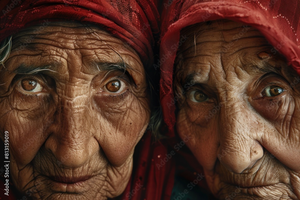 Two women with red scarves on their faces. One of them has a surprised look on her face Two women with red scarves on their faces. One of them has a surprised look on her face