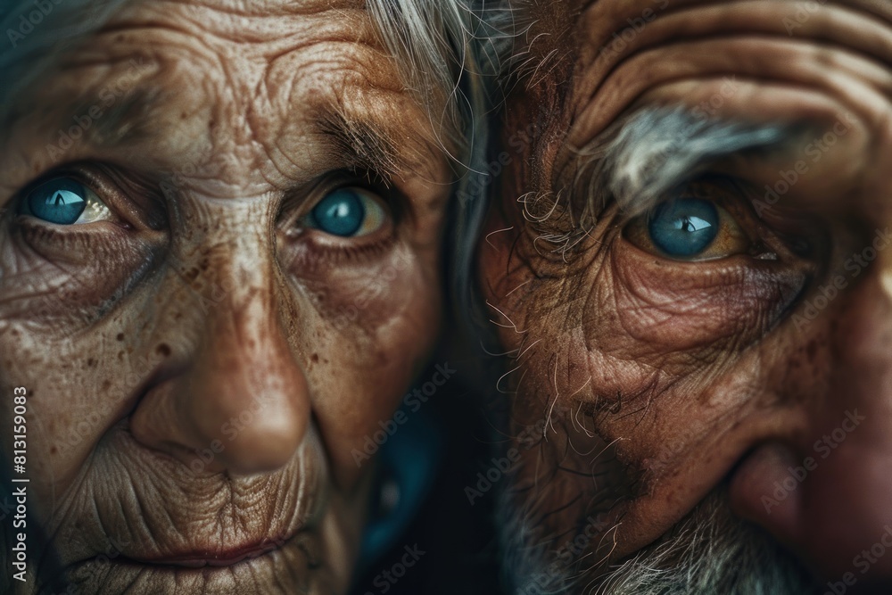 Two old people with blue eyes. One is looking at the camera Two old people with blue eyes. One is looking at the camera