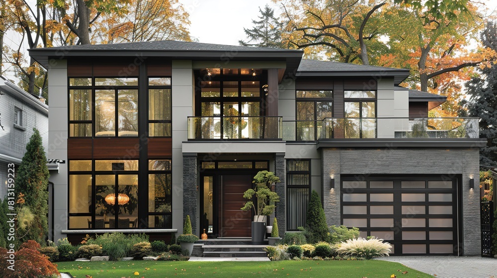 Modern house with large windows and a flat roof. Modern house with large windows and a flat roof.