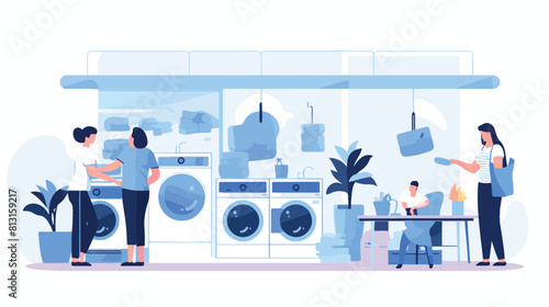 People washing clothes in laundromat flat vector il