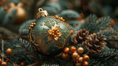 An image of a golden and green Christmas ball decoration