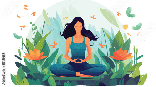Person meditating in lotus pose in nature leaves an