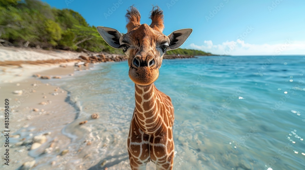 Obraz premium A giraffe with sunglasses resting on a tropical beach