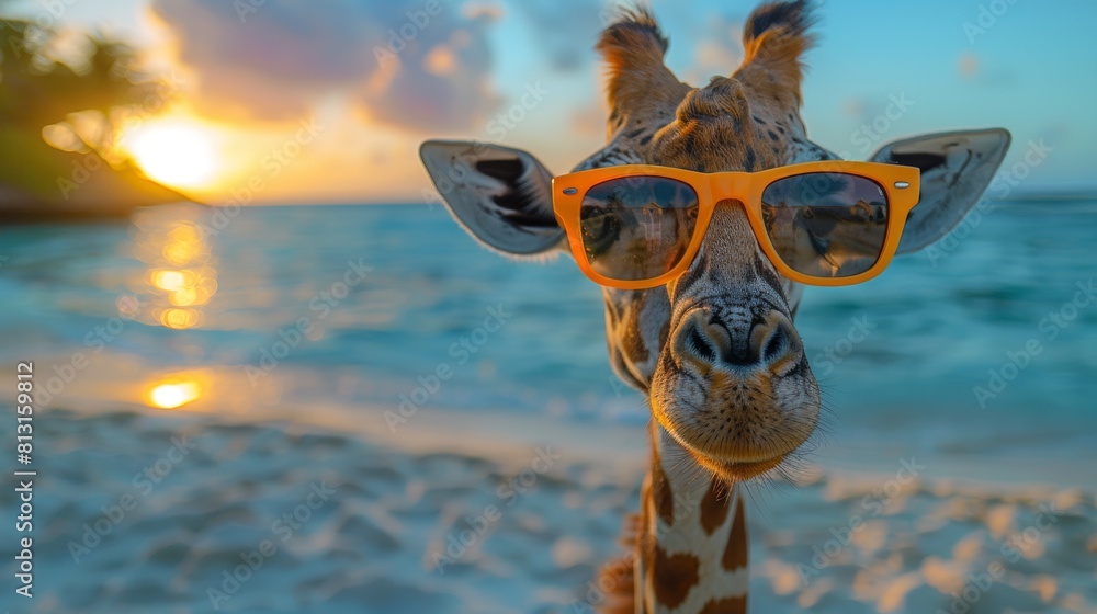 Fototapeta premium On a tropical beach background, a cool giraffe wears sunglasses