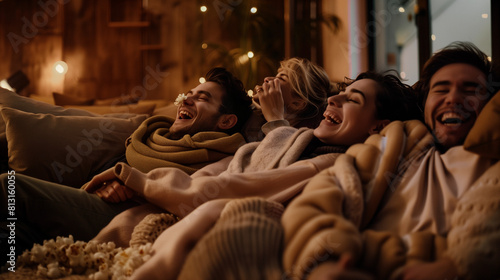 Friends huddled together on a couch with popcorn and blankets  laughing while watching their favorite film
