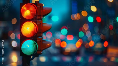 A close-up shot of traffic lights changing from red to green with blurred vehicles in the background, symbolizing motion and progression.