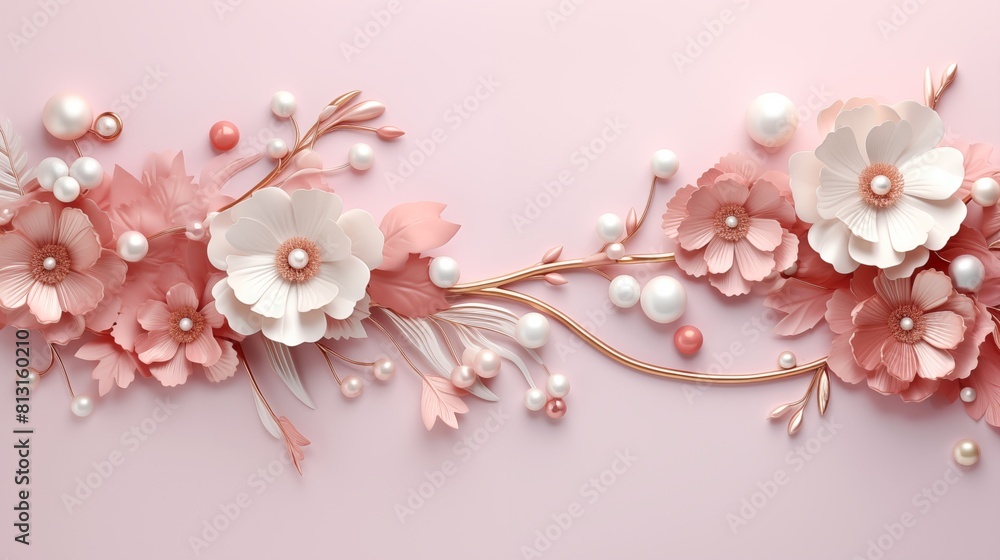 Elegant 3D Rendered Floral Design with Pearls on a Soft Pink Pastel Backdrop Elegant 3D Rendered Floral Design with Pearls on a Soft Pink Pastel Backdrop