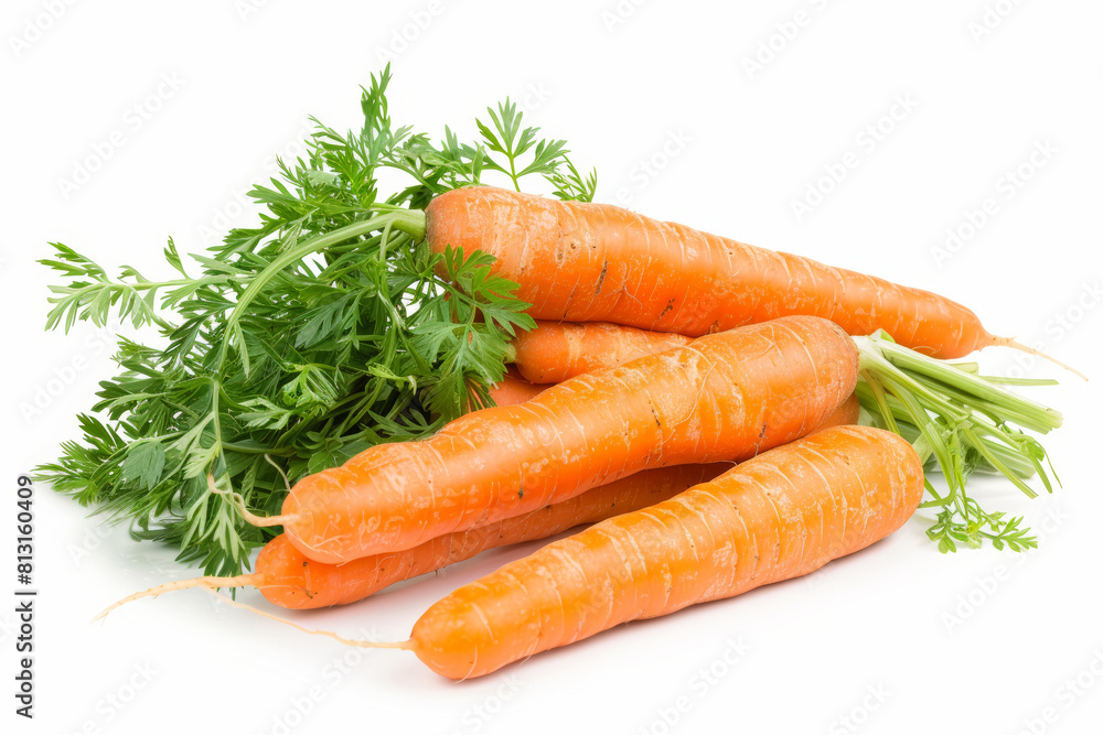 A bunch of fresh carrots isolated on a white backdrop, highlighting their earthy sweetness and crunchy bite. Concept of root vegetables and garden-fresh produce. Generative Ai. A bunch of fresh carrots isolated on a white backdrop, highlighting their earthy sweetness and crunchy bite. Concept of root vegetables and garden-fresh produce. Generative Ai.