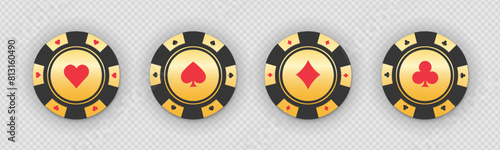 Gold poker chips set for gambling games. Golden casino play coins. Vector EPS 10