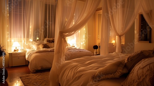 Create a romantic bedroom retreat with soft lighting, sheer curtains, and plush bedding © Love Muhammad