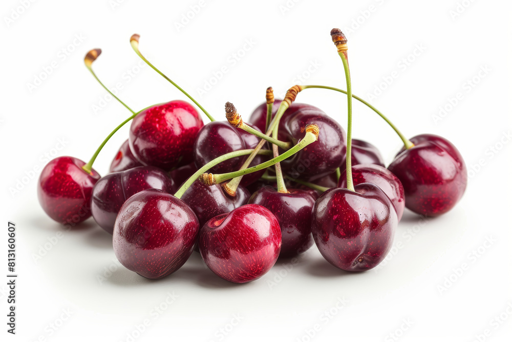 A cluster of fresh cherries isolated from any background, highlighting their deep red color and sweet-tart taste. Concept of summer fruit and cherry-picking season. Generative Ai. A cluster of fresh cherries isolated from any background, highlighting their deep red color and sweet-tart taste. Concept of summer fruit and cherry-picking season. Generative Ai.