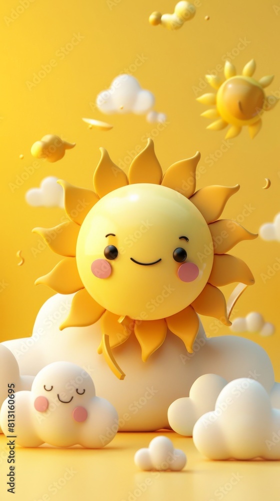 Happy smiling 3d icon of cute sun, smiling clouds, yellow background, weather application illustration