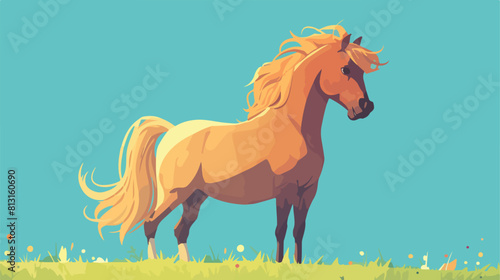 Pony horse standing raised on grass flat vector ill