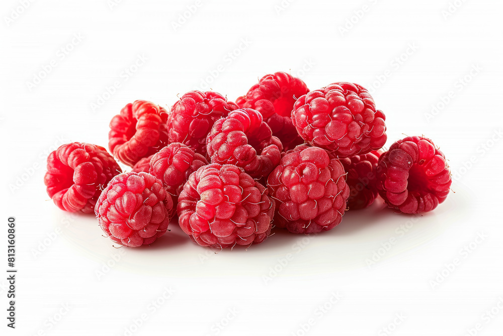 A cluster of juicy raspberries isolated without any distractions, showcasing their vibrant red color and sweet-tart flavor. Concept of summer berries and dessert toppings. Generative Ai. A cluster of juicy raspberries isolated without any distractions, showcasing their vibrant red color and sweet-tart flavor. Concept of summer berries and dessert toppings. Generative Ai.