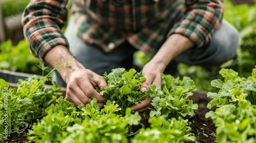 Man Gardening, Tending to Green Leafy Vegetables