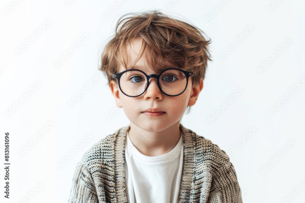 A studious boy in glasses and a cardigan, extracted from the backdrop, isolated from the background, with no background. Concept of intellectual curiosity and learning. Generative Ai.