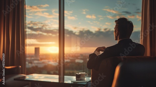 Follow The Routine Of A Businessman As He Arrives In His Hotel Room And Enjoys A Cup Of Coffee While Admiring The View From His Window, Blending Work And Leisure Seamlessly