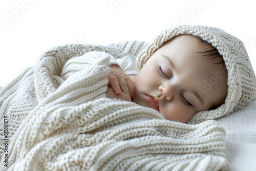 A sleepy baby wrapped in a soft blanket, detached from the surroundings, isolated from the background, with no background. Concept of rest and relaxation. Generative Ai. © Sebastian