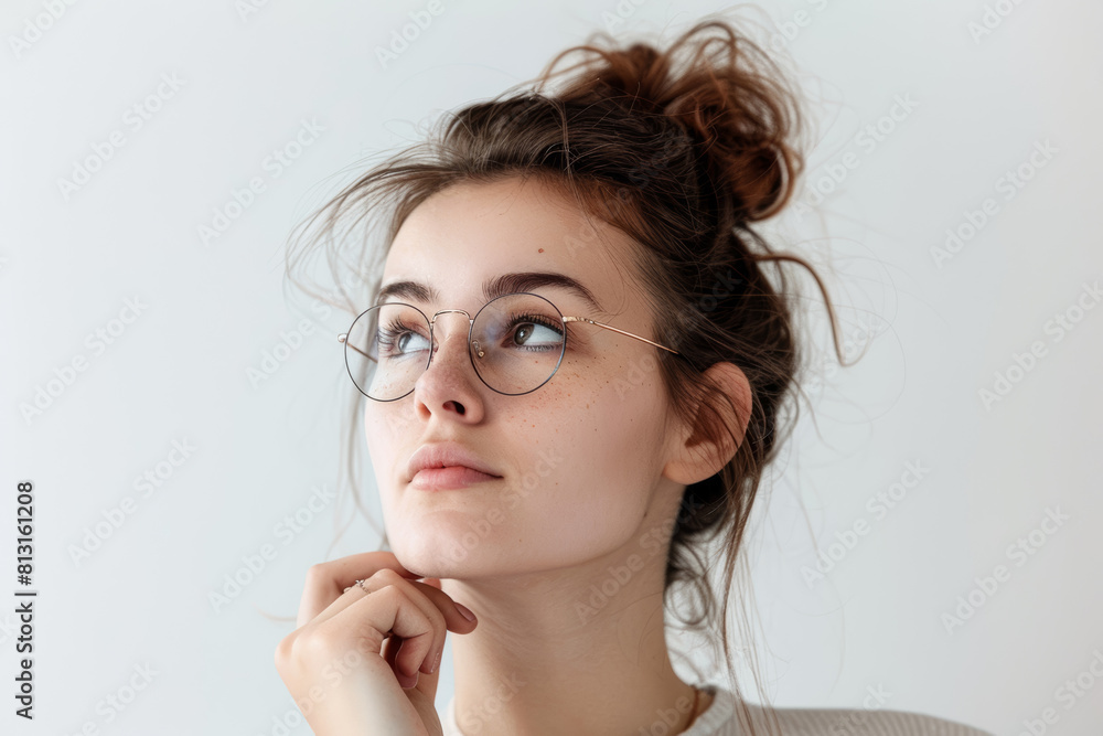 A contemplative girl in glasses, detached from the backdrop, cropped from the background, with no background. Concept of thoughtfulness and introspection. Generative Ai. A contemplative girl in glasses, detached from the backdrop, cropped from the background, with no background. Concept of thoughtfulness and introspection. Generative Ai.