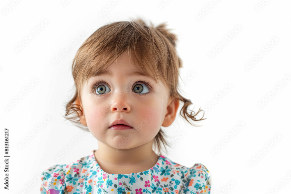 A bashful toddler in a flower-patterned dress, isolated from the surroundings, cut out from the background, without background. Concept of shyness and innocence. Generative Ai. A bashful toddler in a flower-patterned dress, isolated from the surroundings, cut out from the background, without background. Concept of shyness and innocence. Generative Ai.