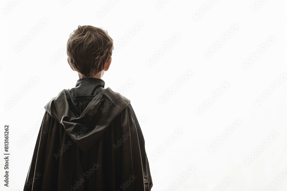 A contemplative boy in a wizard robe, standing alone against a white backdrop, devoid of surroundings. Concept of magic and fantasy. Generative Ai. A contemplative boy in a wizard robe, standing alone against a white backdrop, devoid of surroundings. Concept of magic and fantasy. Generative Ai.