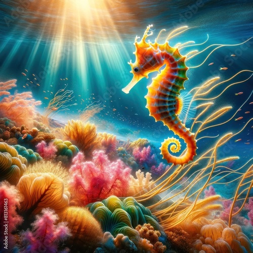 Vibrant seahorse swimming in a colorful underwater coral reef.