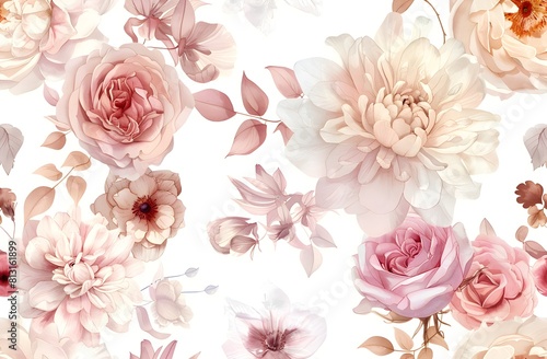 Seamless pattern of watercolor floral elements, with roses and peonies in shades of blush pink, cream beige, and burgundy reds, with soft green leaves, The elegant and vintage, wallpaper background.