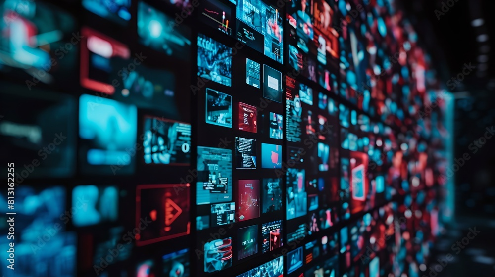 Vibrant Digital Media Wall Displaying Array of Videos. Modern Technology and Mass Information. Blurred Abstract Screens for Concepts. AI Vibrant Digital Media Wall Displaying Array of Videos. Modern Technology and Mass Information. Blurred Abstract Screens for Concepts. AI