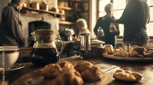 A family reunion at a rustic farmhouse, with relatives from near and far coming together over pots of freshly brewed coffee and homemade pastries. Dynamic and dramatic composition,
