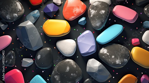 A background of various colored minerals. Abstract composition of rounded multicolored stones on a flat surface.