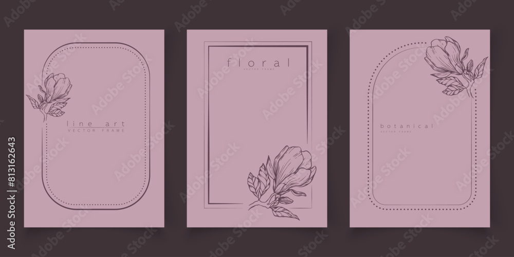Set of frame templates in minimal linear style with hand drawn magnolia flower. Elegant floral line art border for for labels, wedding invitation, logo save the date, beauty or cosmetic industry. Set of frame templates in minimal linear style with hand drawn magnolia flower. Elegant floral line art border for for labels, wedding invitation, logo save the date, beauty or cosmetic industry.
