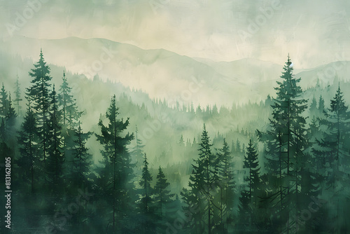 Larch trees and evergreens fill foggy forest with mountains in the background