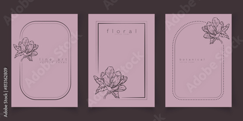 Set of frame templates in minimal linear style with hand drawn magnolia flower. Elegant floral line art border for for labels, wedding invitation, logo save the date, beauty or cosmetic industry.