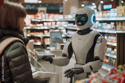 AI Robot Serving A Customer At A Supermarket Checkout, Artificial Intelligence, Future Technology, Autonomous Service, Digital Innovation © Julian Adams
